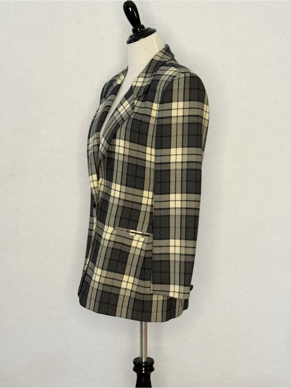 Jones New York Plaid Blazer Jacket Size 8 Black Cream 100% Pure Wool Heritage - Picture 8 of 14